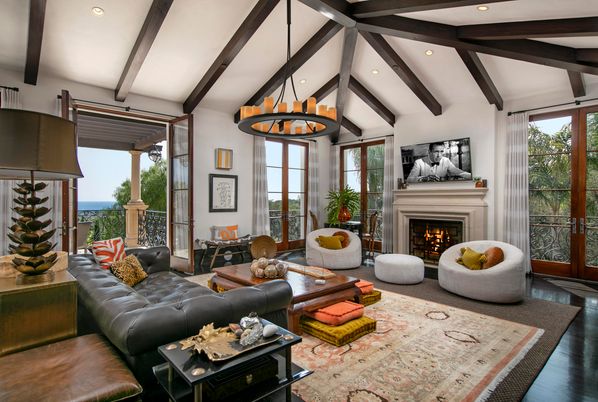 Chandelier, Fireplace, Interior, Living room, Recessed Lighting, Water, Wooden Beams, Wood Texture Flooring