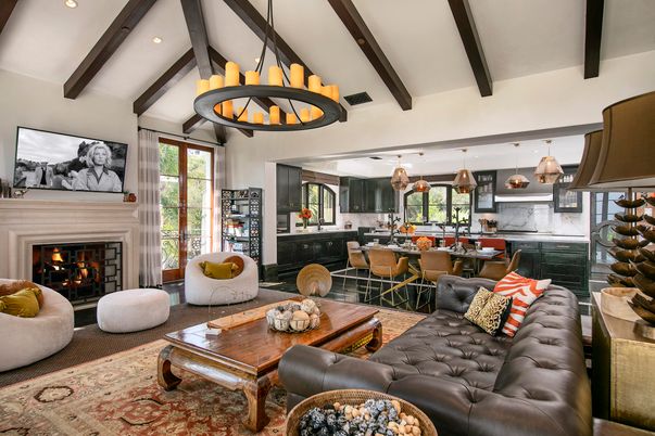 Chandelier, Dining room, Fireplace, Interior, Kitchen, Living room, Pendant Lights, Recessed Lighting, Wooden Beams