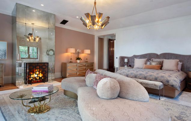 Bedroom, Fireplace, Interior, Living room, Pendant Lights, Recessed Lighting, Wood Texture Flooring