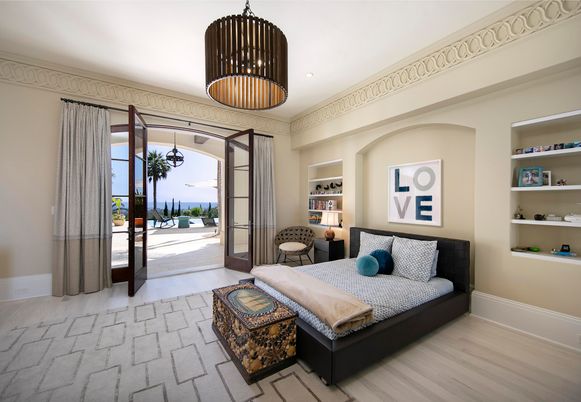 Bedroom, Interior, Pendant Lights, Recessed Lighting, Wood Texture Flooring