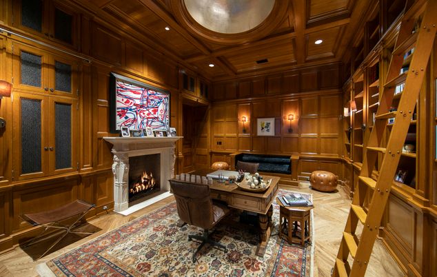 Fireplace, Home Office, Interior, Recessed Lighting, Wooden Beams, Wooden Ceilings, Wood Texture Flooring, Wooden Walls