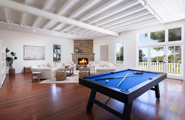 Billiard Table, Fireplace, Game Room, Interior, Living room, Stone Walls, Wood Texture Flooring