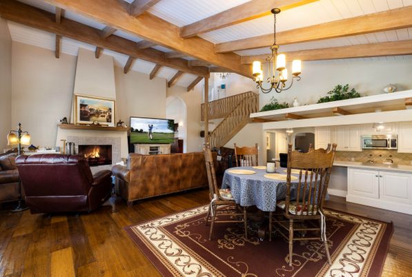 Chandelier, Dining room, Fireplace, Interior, Kitchen, Living room, Pendant Lights, Wooden Beams, Wood Texture Flooring