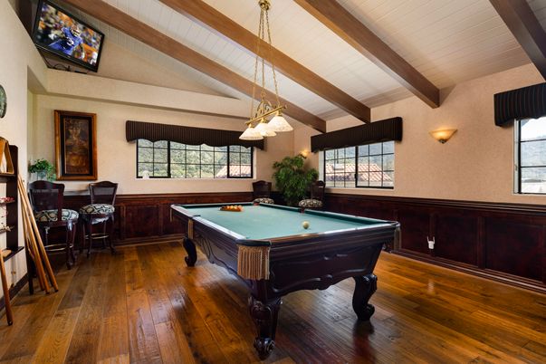 Billiard Table, Game Room, Interior, Pendant Lights, Wooden Beams, Wood Texture Flooring