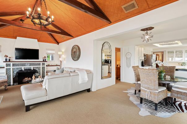 Chandelier, Dining room, Fireplace, Interior, Living room, Wooden Beams