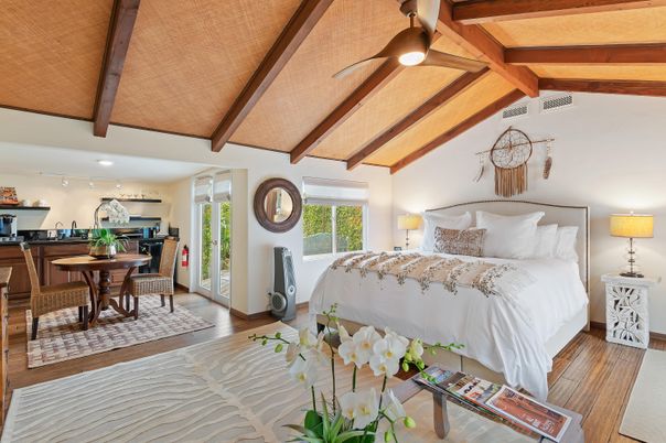 Bedroom, Interior, Recessed Lighting, Wooden Beams, Wood Texture Flooring