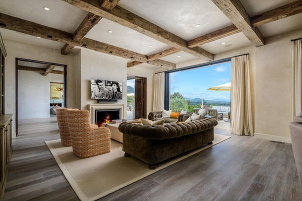 Fireplace, Interior, Living room, Recessed Lighting, Wooden Beams, Wood Texture Flooring