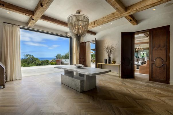 Chandelier, Interior, Recessed Lighting, Wooden Beams, Wood Texture Flooring