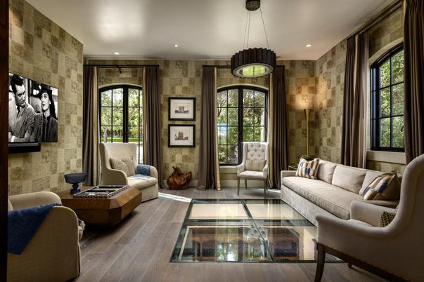 Interior, Living room, Pendant Lights, Recessed Lighting, Stone Walls, Wood Texture Flooring