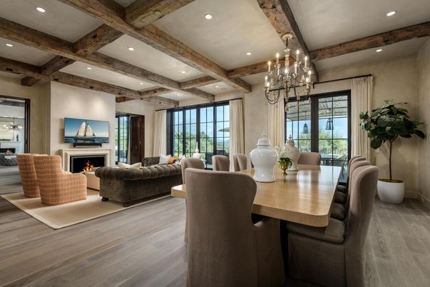 Chandelier, Dining room, Fireplace, Interior, Living room, Recessed Lighting, Wooden Beams, Wood Texture Flooring