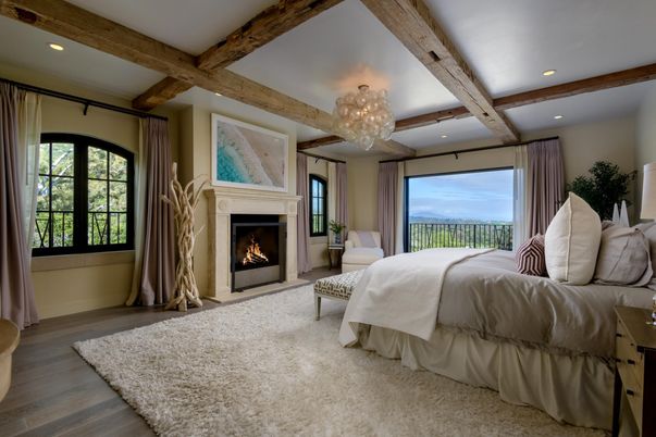 Bedroom, Chandelier, Fireplace, Interior, Recessed Lighting, Wooden Beams, Wood Texture Flooring