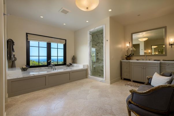 Bathroom, Dual Sink Vanities, Glass Shower, Interior, Marble Walls, Recessed Lighting
