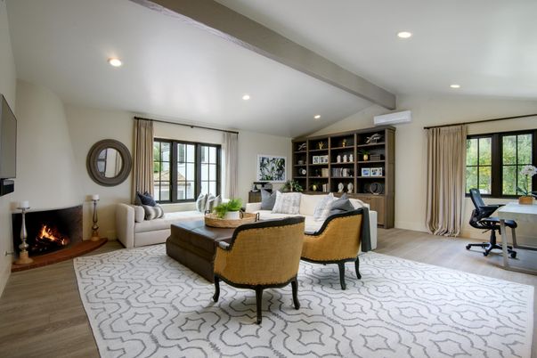 Fireplace, Home Office, Interior, Living room, Recessed Lighting, Wood Texture Flooring