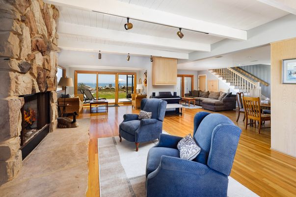 Dining room, Fireplace, Interior, Living room, Piano, Stone Walls, Wood Texture Flooring