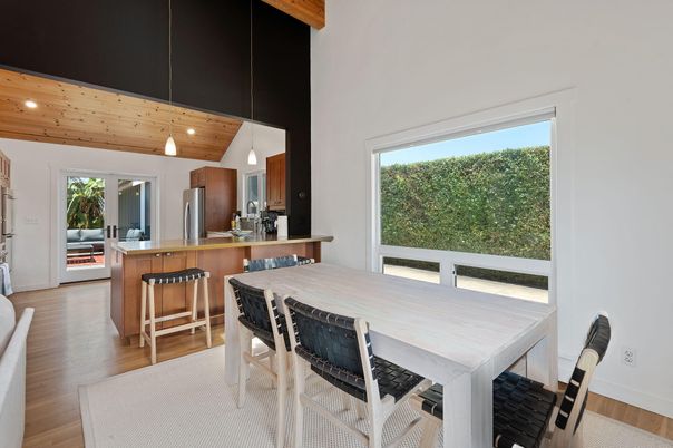 Dining room, Interior, Kitchen, Pendant Lights, Recessed Lighting, Wooden Ceilings, Wood Texture Flooring