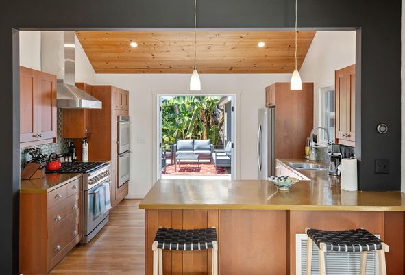 Interior, Kitchen, Pendant Lights, Recessed Lighting, Stainless Steel Appliances, Wooden Ceilings, Wood Texture Flooring