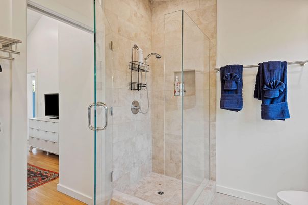 Bathroom, Glass Shower, Interior, Wood Texture Flooring