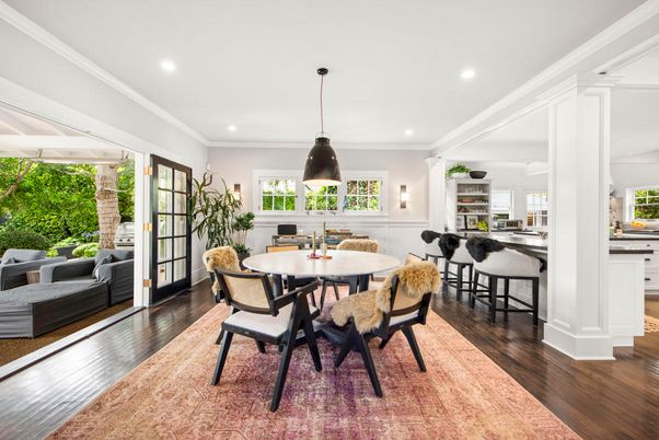 Dining room, Interior, Pendant Lights, Recessed Lighting, Wood Texture Flooring