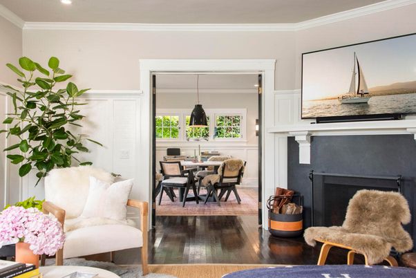 Dining room, Fireplace, Interior, Pendant Lights, Recessed Lighting, Wood Texture Flooring