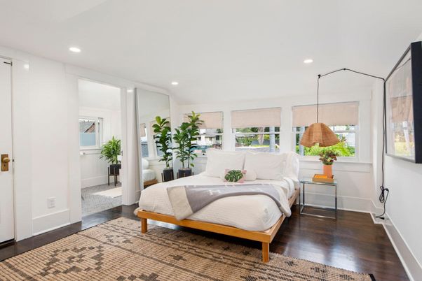 Bedroom, Interior, Pendant Lights, Recessed Lighting, Wood Texture Flooring