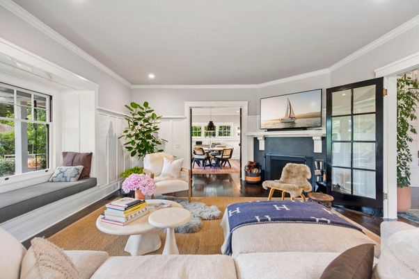 Dining room, Fireplace, Interior, Living room, Recessed Lighting, Wood Texture Flooring