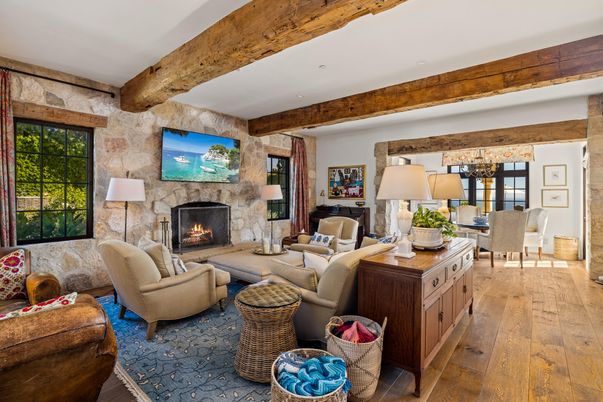 Chandelier, Dining room, Fireplace, Interior, Living room, Stone Walls, Wooden Beams, Wood Texture Flooring
