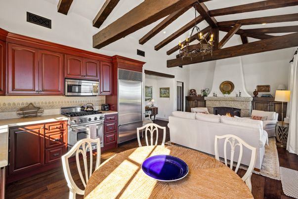 Dining room, Fireplace, Interior, Kitchen, Living room, Recessed Lighting, Stainless Steel Appliances, Wooden Beams, Wood Texture Flooring