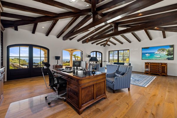 Home Office, Interior, Recessed Lighting, Wooden Beams, Wood Texture Flooring