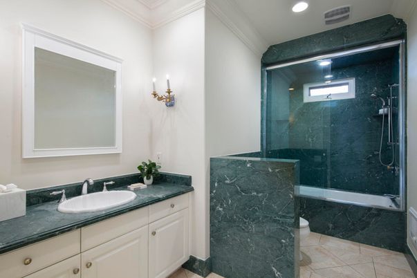Bathroom, Glass Shower, Interior, Marble Walls, Recessed Lighting