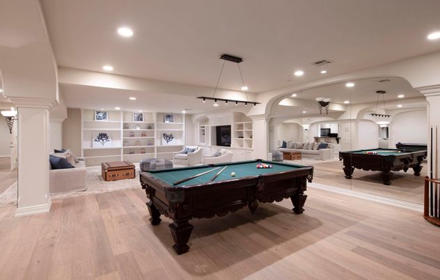 Billiard Table, Game Room, Interior, Pendant Lights, Recessed Lighting, Wood Texture Flooring