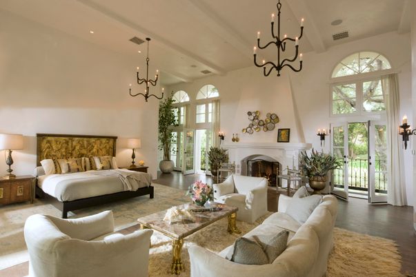 Bedroom, Chandelier, Fireplace, Interior, Living room, Recessed Lighting, Wood Texture Flooring