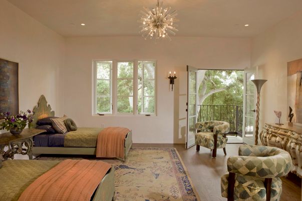 Bedroom, Interior, Pendant Lights, Recessed Lighting, Wood Texture Flooring