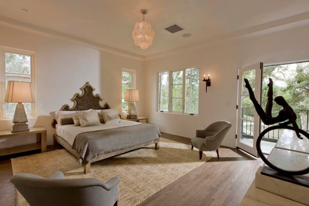Bedroom, Interior, Pendant Lights, Wood Texture Flooring