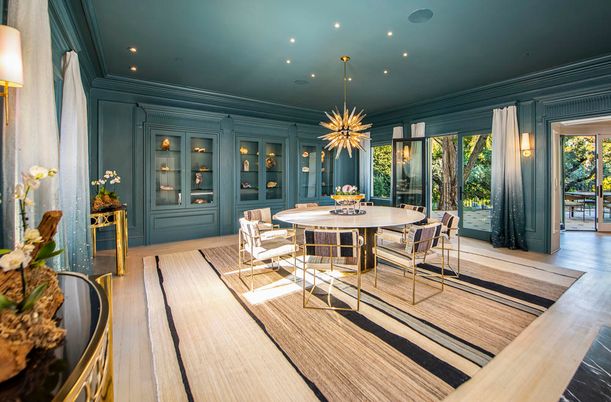 Dining room, Interior, Pendant Lights, Recessed Lighting, Wood Texture Flooring