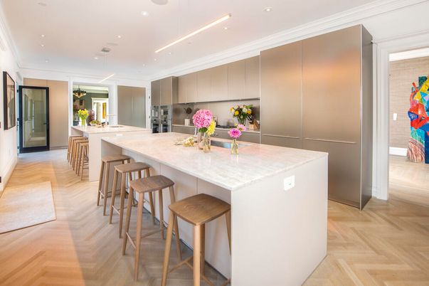 Interior, Kitchen, Pendant Lights, Recessed Lighting, Stainless Steel Appliances, Wood Texture Flooring