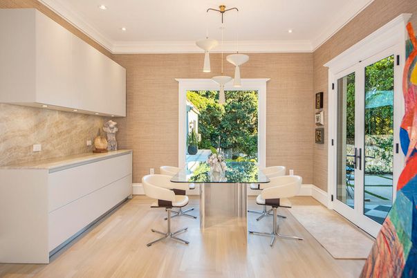 Dining room, Interior, Pendant Lights, Recessed Lighting, Wood Texture Flooring