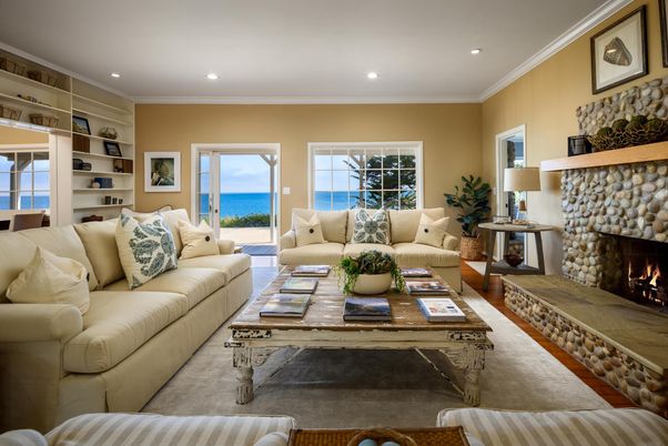 Fireplace, Interior, Living room, Recessed Lighting, Water, Wood Texture Flooring