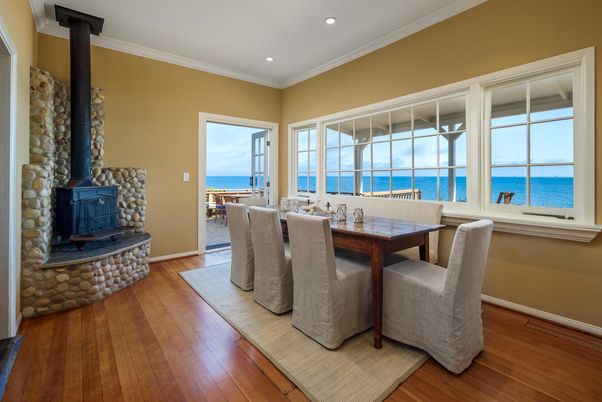 Dining room, Fireplace, Interior, Recessed Lighting, Water, Wood Texture Flooring