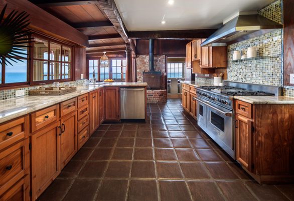 Interior, Kitchen, Pendant Lights, Recessed Lighting, Stainless Steel Appliances, Stone Walls