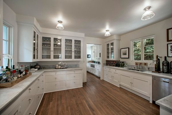 Interior, Kitchen, Tile Countertops, Wood Texture Flooring