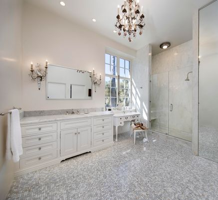 Bathroom, Chandelier, Dual Sink Vanities, Glass Shower, Interior, Marble Walls, Recessed Lighting