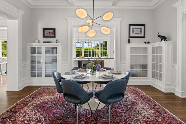 Dining room, Interior, Pendant Lights, Wood Texture Flooring