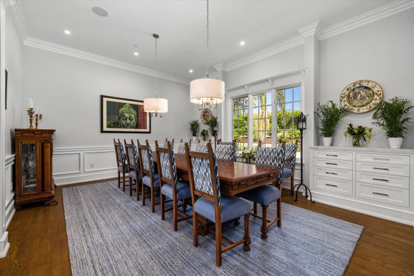Dining room, Interior, Pendant Lights, Recessed Lighting, Wood Texture Flooring