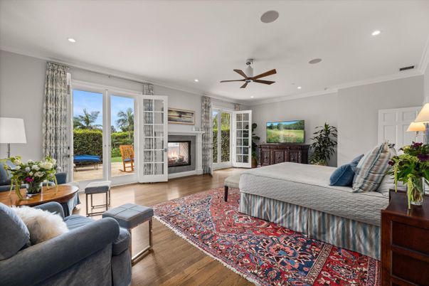 Bedroom, Fireplace, Interior, Recessed Lighting, Wood Texture Flooring