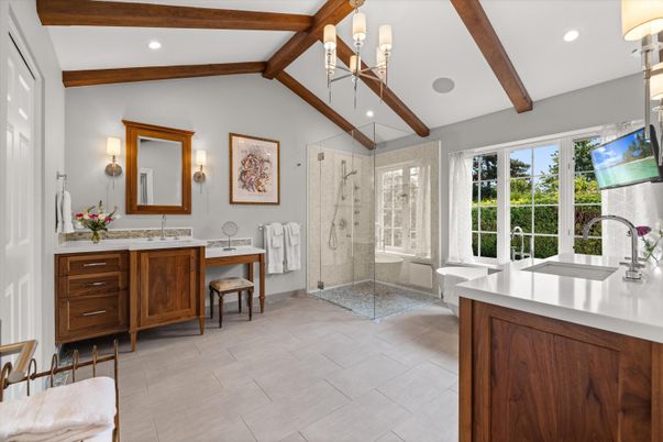 Bathroom, Dual Sink Vanities, Glass Shower, Interior, Recessed Lighting, Wooden Beams