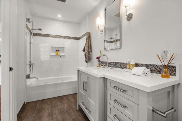 Bathroom, Interior, Recessed Lighting, Wood Texture Flooring