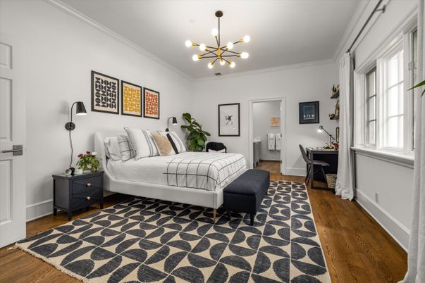 Bedroom, Interior, Pendant Lights, Wood Texture Flooring