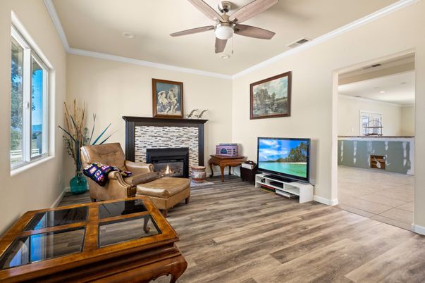 Fireplace, Interior, Living room, Recessed Lighting, Wood Texture Flooring