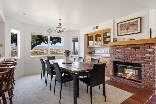 Dining room, Fireplace, Interior, Pendant Lights