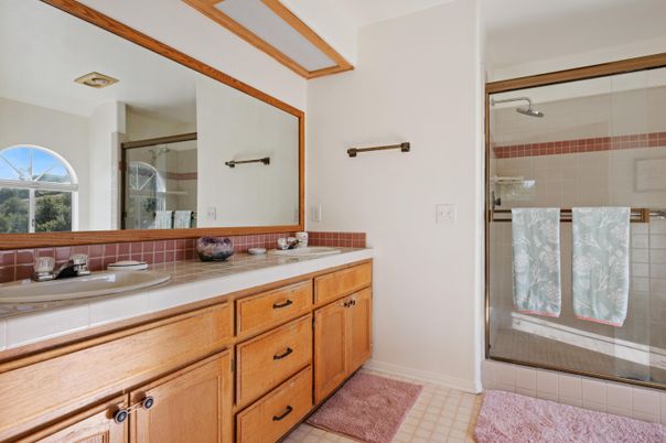 Bathroom, Dual Sink Vanities, Glass Shower, Interior, Tile Countertops
